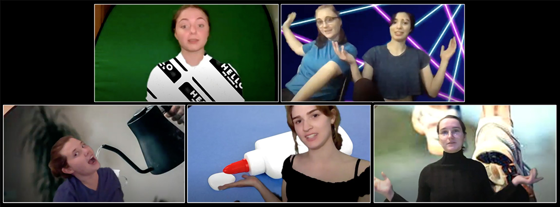 Photo is a composite of five photos, each with one or two members of the cast in front of a green screen.